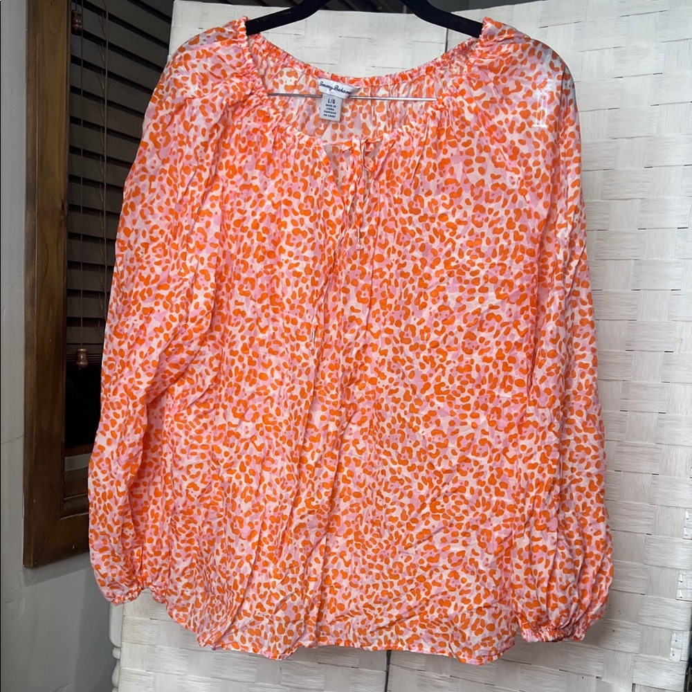 Tommy Bahama Orange Tropical Blouse – Peasant Style Resort Top – Size L